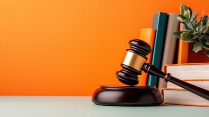 Close-Up of a Polished Wooden Gavel on a Desk with Colorful Books and Plants in Background