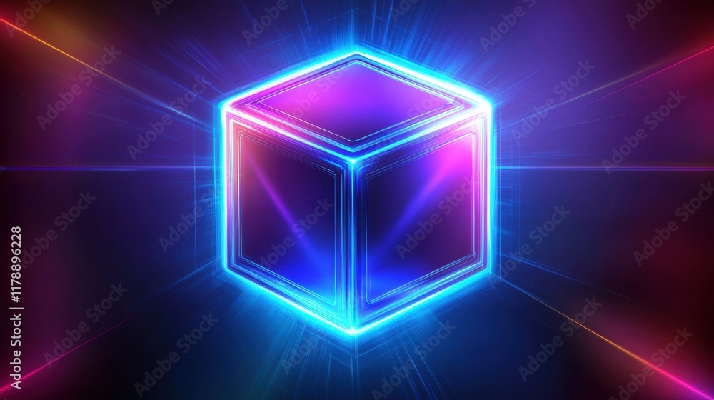 Poster glowing cube in dark environment with blockchain theme and vibrant light effects