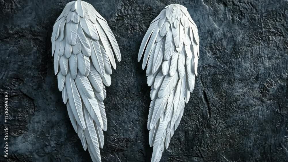 Poster white feather wings against a textured dark background create an ethereal and artistic representatio
