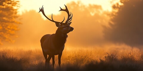 A solitary stag stands proudly in a misty field at sunrise, showcasing its magnificent antlers against a backdrop of warm golden light and fog.