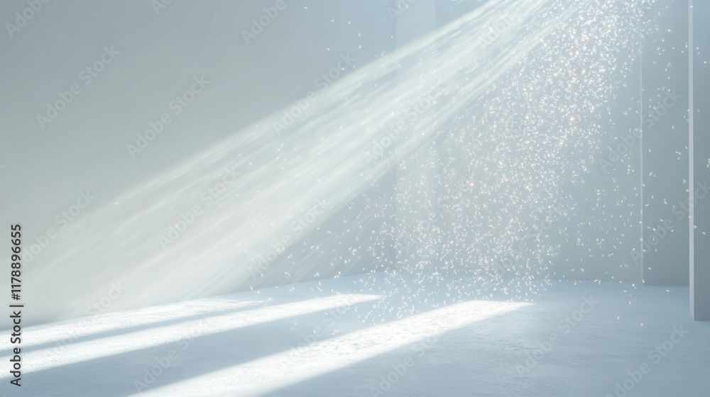 Poster soft, sparkling rays of light shine through a minimalistic white space, creating a dreamy and ethere