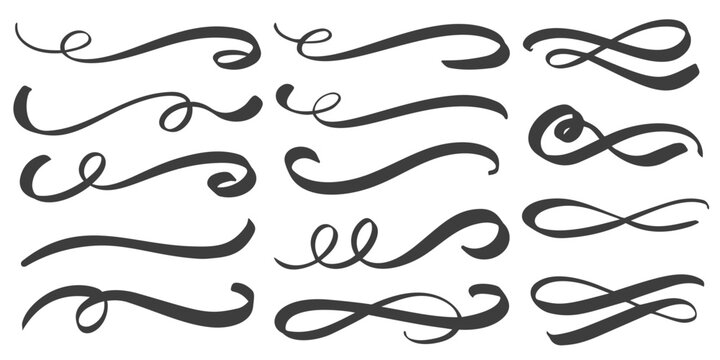 Vector swirl lines. Swash and flourish underlines. Hand drawn swish and swooshes. Calligraphic elegant vintage curved squiggles. Doodle fancy dividers on white background.