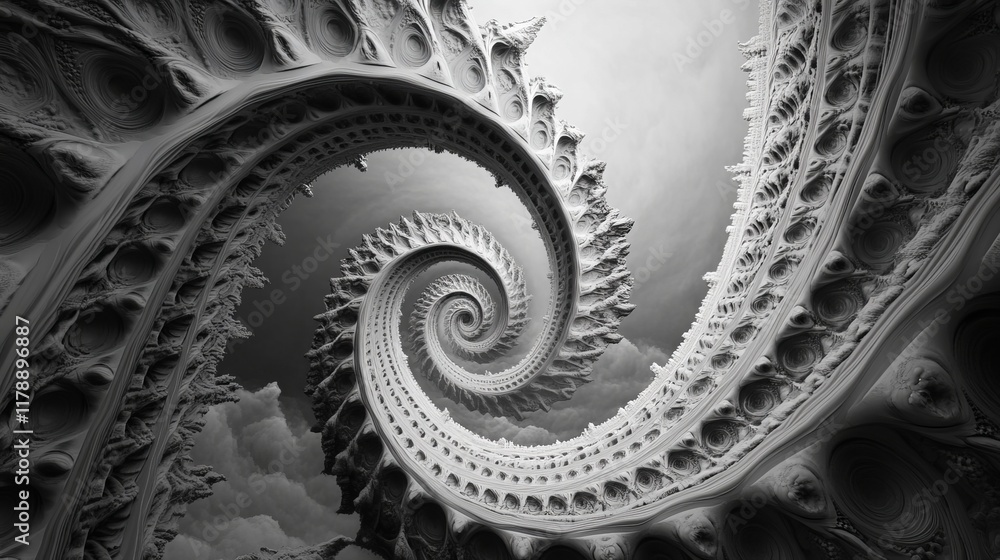 Poster a mesmerizing black and white spiral fractal showcasing intricate patterns and depth, perfect for ab