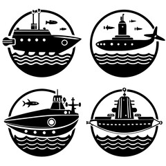 Illustration of submarine silhouettes in different positions and shapes. Vector set.
