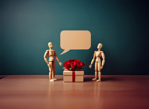 Two wooden figures stand before a gift of red roses and a blank speech bubble, suggesting unspoken communication and a thoughtful present. - Powered by Adobe