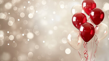 Festive background with transparent and red balloons and golden bokeh, panoramic banner. Premium background for a festive birthday celebration