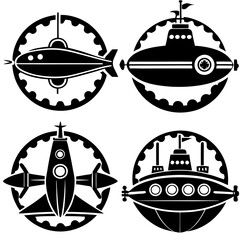 Collection of submarine silhouettes in various designs. Vector illustrations.
