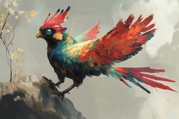 Fototapeta premium Colorful bird with blue and red feathers is perched on a rock. The bird has a unique and vibrant appearance