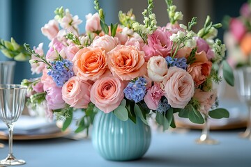 Pastel Roses and Spring Flowers in a Teal Vase