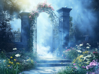 Heavenly gate surrounded by golden clouds, glowing light spilling through, ethereal ambiance