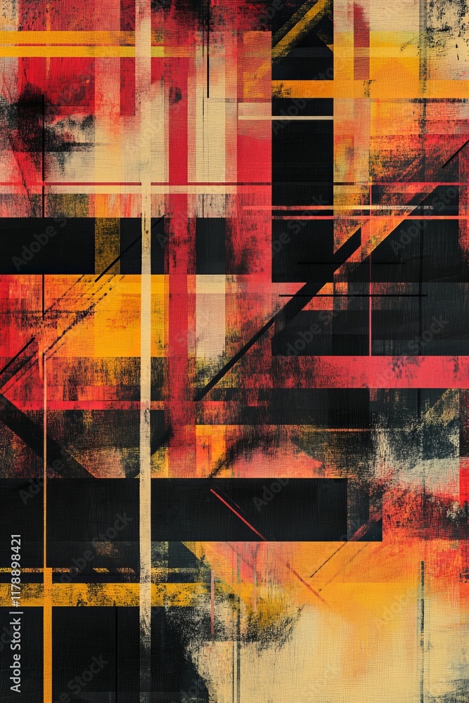 Poster vibrant abstract artwork featuring intersecting geometric lines in red, yellow, and black, creating 