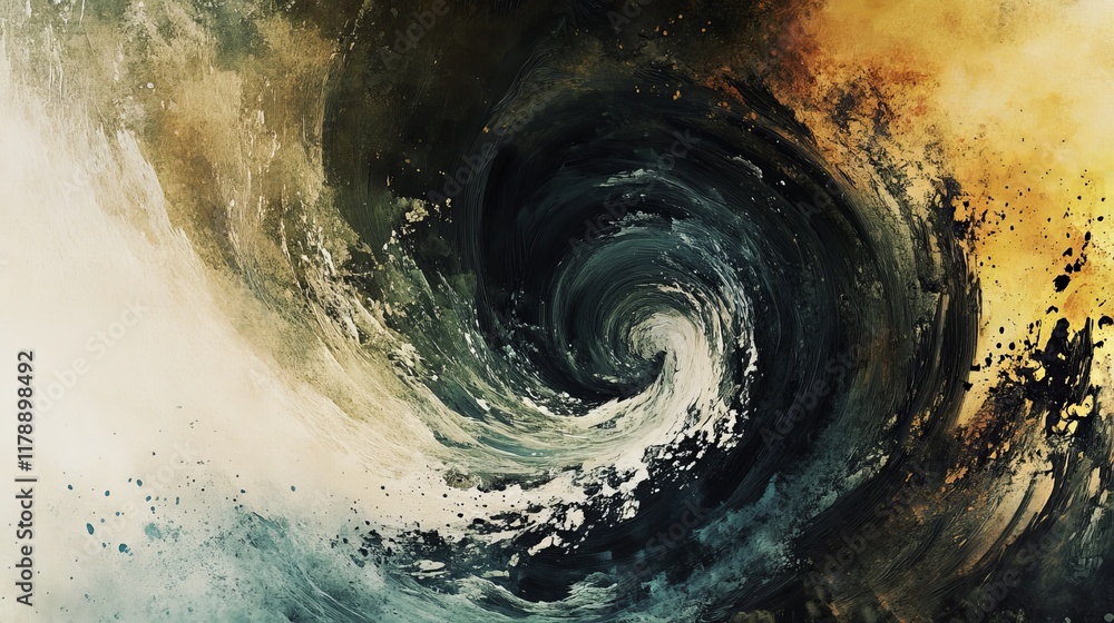 Poster a captivating abstract painting featuring a swirling vortex of dark and light colors, creating a dyn