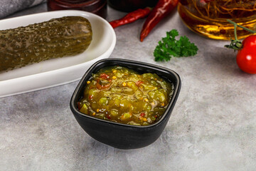 Souce gherkin relish with marinated cucumbers