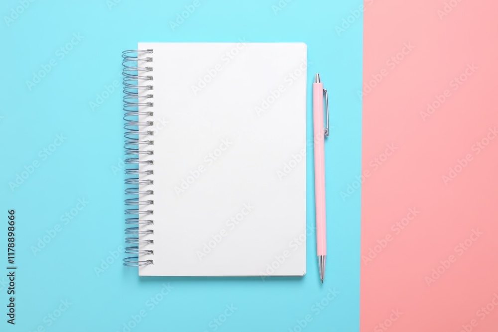 Poster a clean notebook and a pen are symmetrically placed on a pastel background, creating a minimal and m