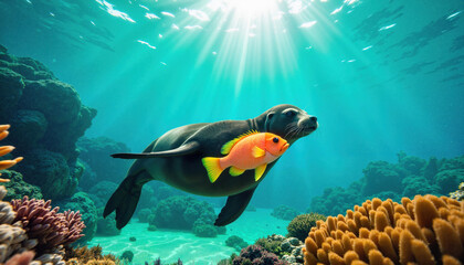 Fototapeta premium Playful seal swimming with colorful fish in sunlit ocean reef