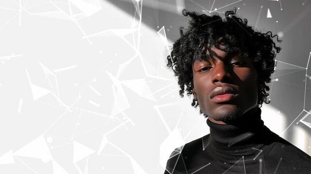 Looped background. Black male model thin aquiline nose long curly hair. Black man. Wow trends. Fashion. Elegant man. Fatal man. Looped effect. Looped particles. Looped animation. Generated AI.