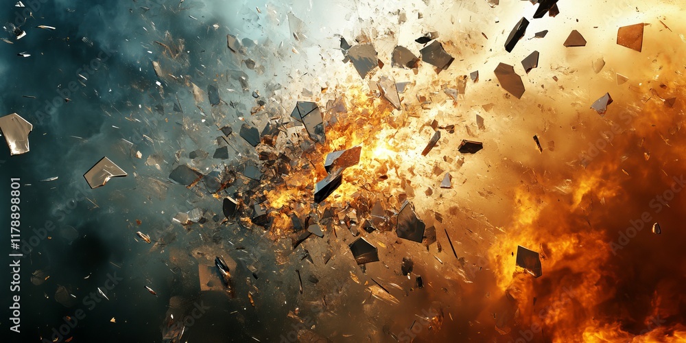 Poster a powerful explosion with flying glass shards and intense flames, creating a dramatic and energetic 