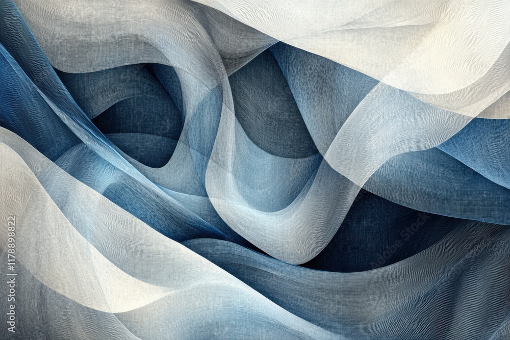 Poster Abstract waves showcase varying heights and curves blending in cool tones of blue and white creating a flowing composition. Generative AI