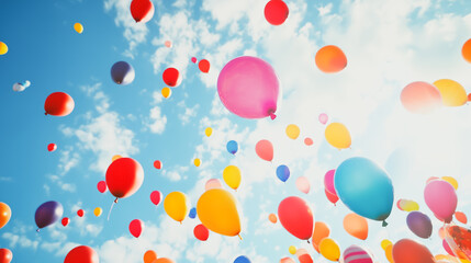 Colorful balloons floating in a bright blue sky, symbolizing celebration, joy, and happiness. Perfect for birthday parties, festive events, and cheerful occasions.