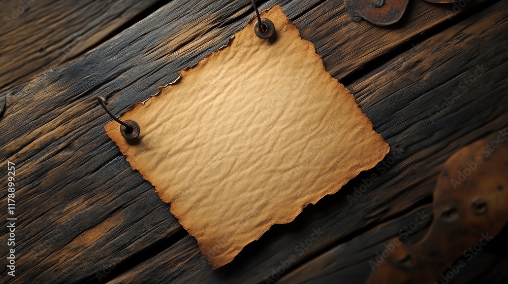 Poster old paper sheet on a rustic wooden background with copy space for message or text.