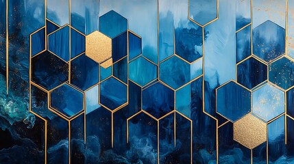 Contemporary acrylic pour featuring geometric color blocking in blue and gold