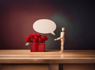 Wooden mannequin presents a red box of roses, a speech bubble floats nearby.  A romantic gesture, unspoken words, and a symbol of affection are implied.