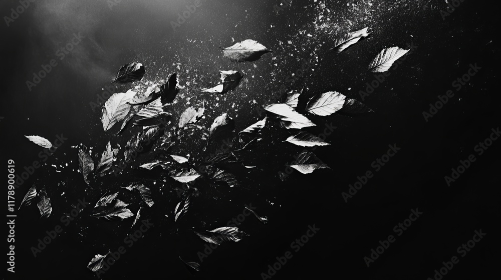 Poster dynamic black and white image of leaves in motion, creating a dramatic and textured visual effect ag