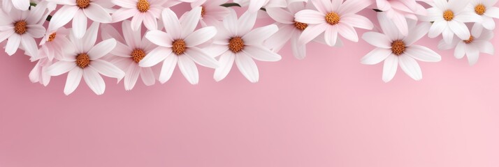 Beautiful Banner of Blooming White Daisies on Soft Pink Background for Floral Designs and Decoration Purposes