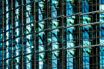 Glass Building Facade with Complex Steel Framework and Reflective Blue Windows
