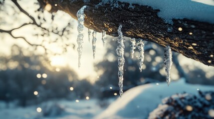 A close-up of icicles hanging from a branch, glistening like diamonds against a backdrop of fresh snow.