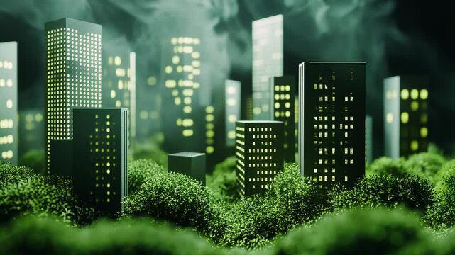 Urban skyline enveloped in green vegetation with glowing windows during twilight