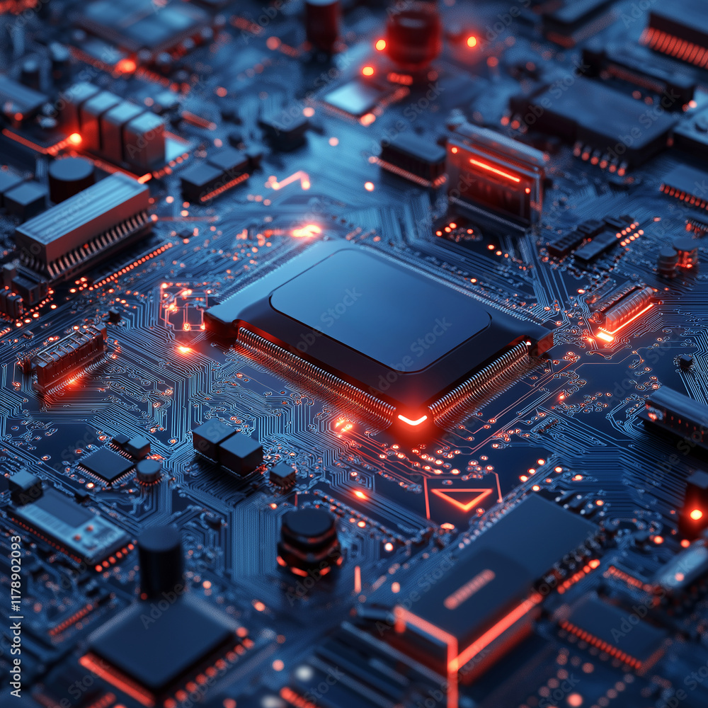 Poster high tech circuit board with glowing components and details