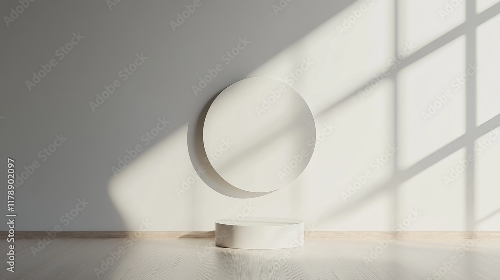Aufkleber a serene minimalist studio scene featuring a large circle and pedestal, illuminated by natural light