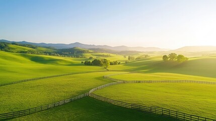 Obraz premium Expansive Green Fields Under Clear Blue Sky in Serene Landscape
