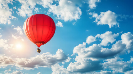 Fototapeta premium Red hot air balloon floating in sunny blue sky with clouds