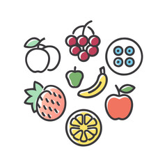 Stylized fruits and berries set illustrations with vibrant colors and fresh produce for healthy lifestyle and educational materials.