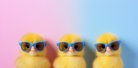 Three yellow chicks in sunglasses on pastel background fun art