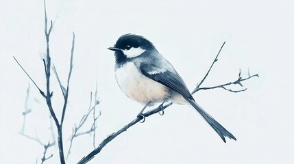 A serene black-capped chickadee rests on a bare branch, showcasing its delicate plumage against a minimalist winter backdrop.