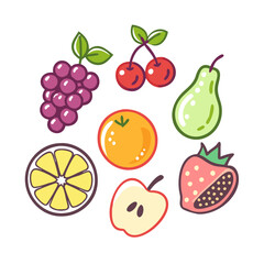 A vibrant set of colorful fruits and berries illustrations featuring fresh and juicy produce for food packaging and design.