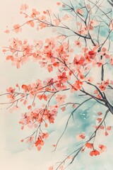 Delicate watercolor artwork featuring cherry blossoms in full bloom, showcasing vibrant pinks and soft blues.