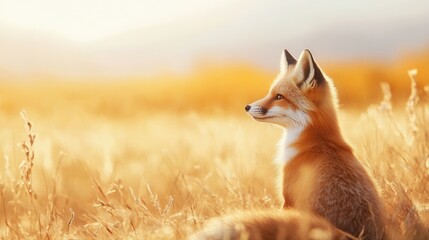 Obraz premium Majestic Fox Sitting in Golden Field at Sunset in Nature Scene