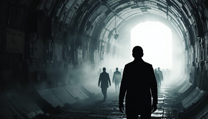 crowd silloutte walking to light tunnel