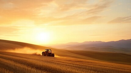 Fototapeta premium Tractor in Golden Wheat Field During Sunset with Dust Trail