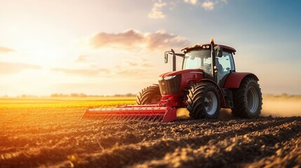 Obraz premium Red Tractor Working in Field at Sunset with Beautiful Sky