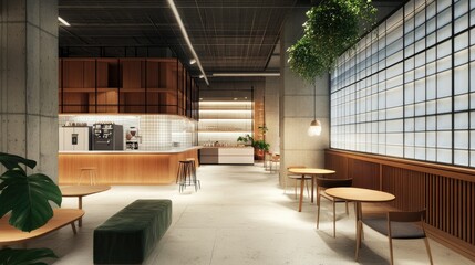 Fototapeta premium Modern Minimalist Office Lounge Design: Serene Workspace Interior