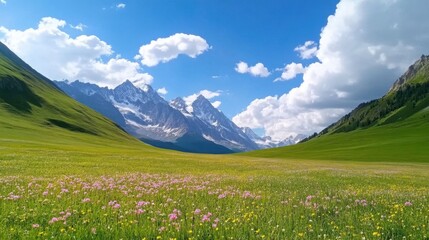 Fototapeta premium Scenic View of Flowering Meadow with Mountains and Blue Sky
