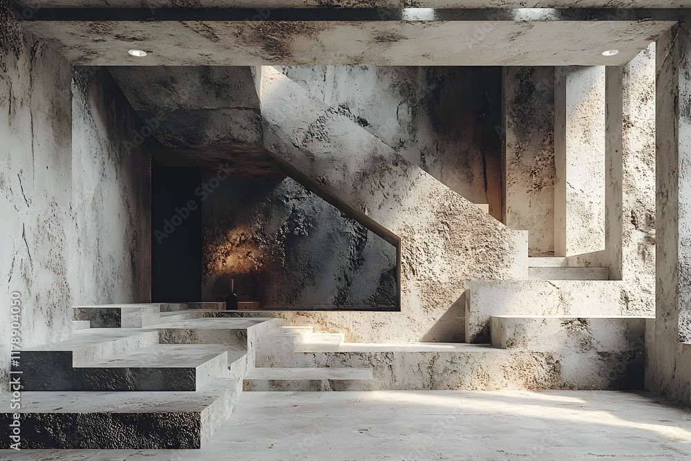 Poster stock photo features a realistic 3d rendering of an old stone building room with concrete elements, 