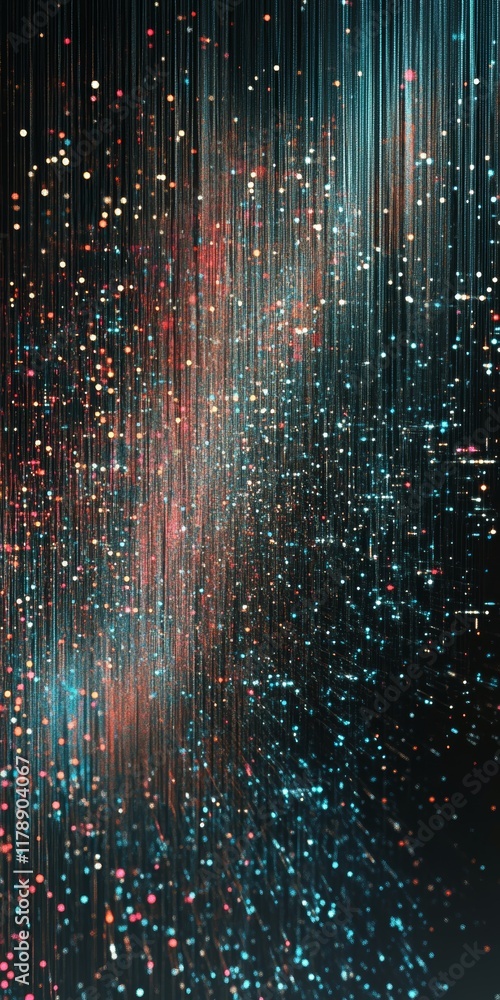 Poster Abstract Data Visualization with Colorful Dots in a Dark Background Featuring Dynamic Structure and Patterns