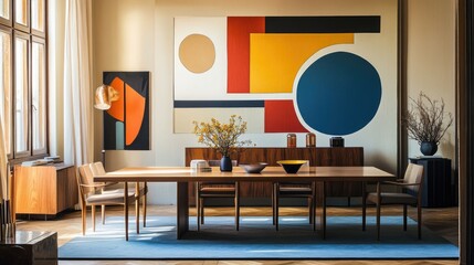 Mid-Century Modern Dining Room with Geometric Abstract Art