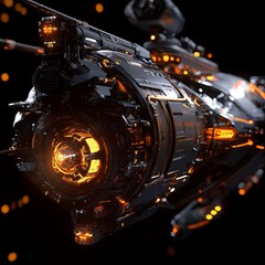 Fototapeta premium Futuristic space ship with a glowing orange engine. The ship is surrounded by a dark background